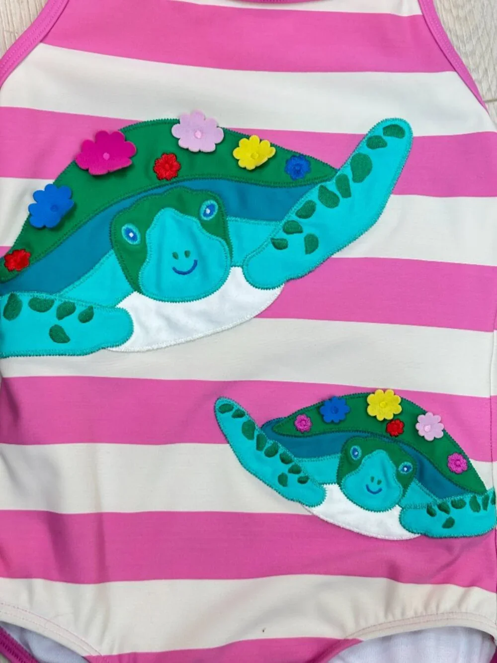 Mini Boden: Girls One Piece Swimsuit 5-6Y Pink Striped Turtle Applique Halter